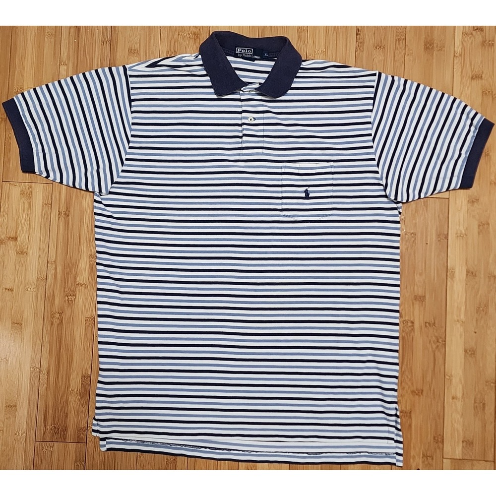 Vintage Polo Ralph Lauren Golf Shirt Men's Sz XL Blue Black Striped Pony Casual